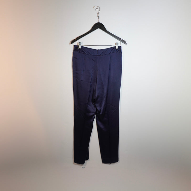 Magda Butrym Silk Satin Front Pleated Mid Rise Ankle Length Navy Blue Pants 38