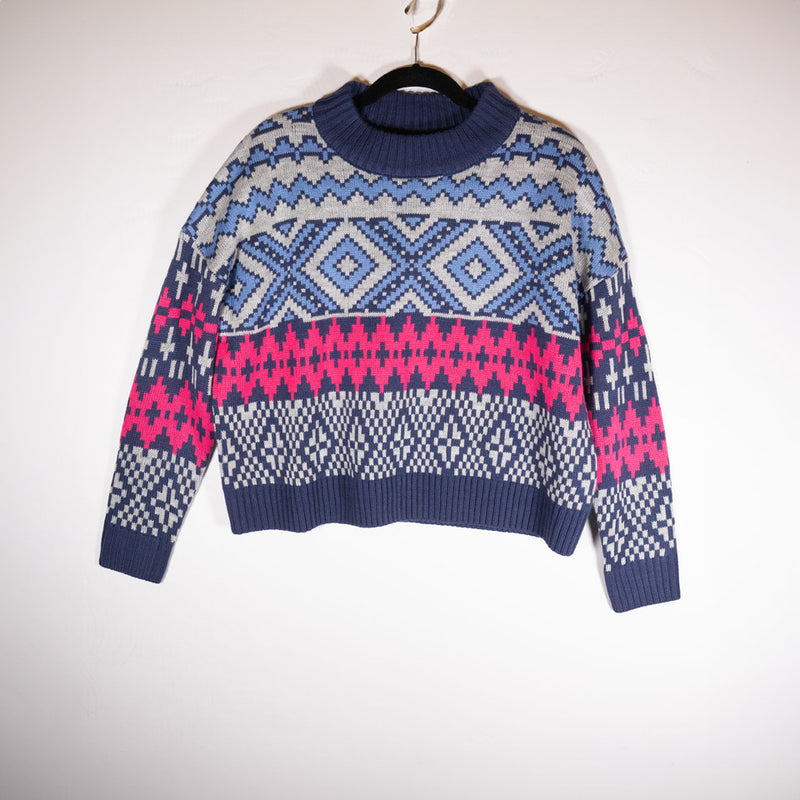 NEW Aqua Fair Isle Knit Navy Pink Ivory Mock Neck Pullover Sweater Small