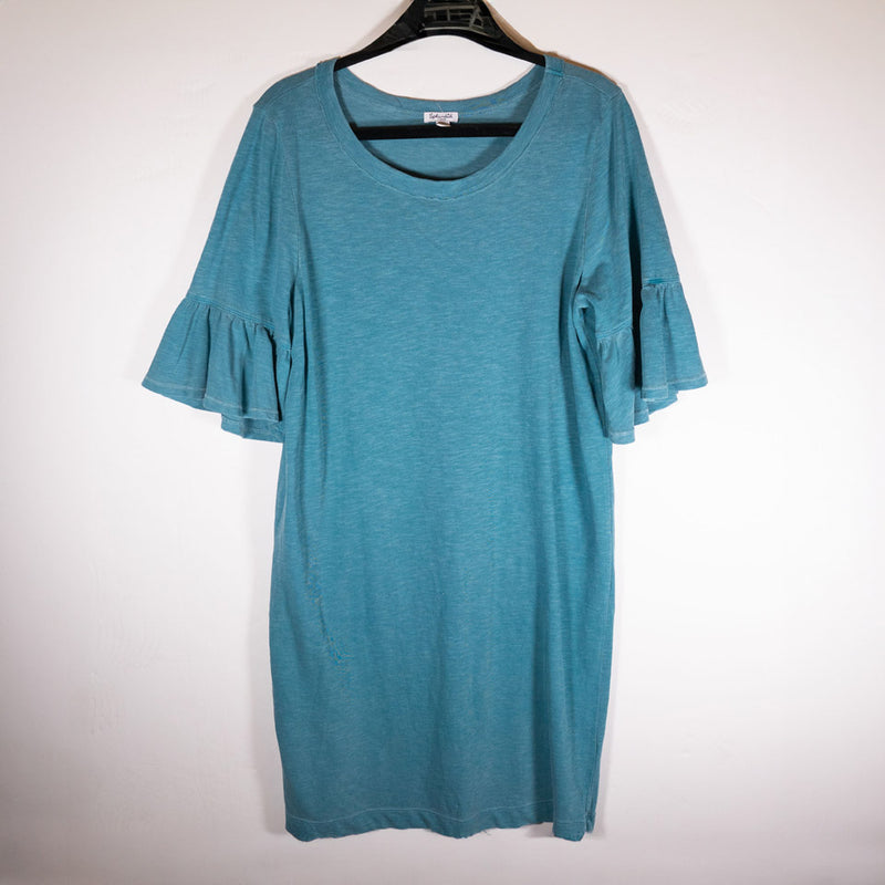 Splendid Pima Cotton Half Bell Sleeve Ruffle Pullover Mini Tee Shirt Dress Blue