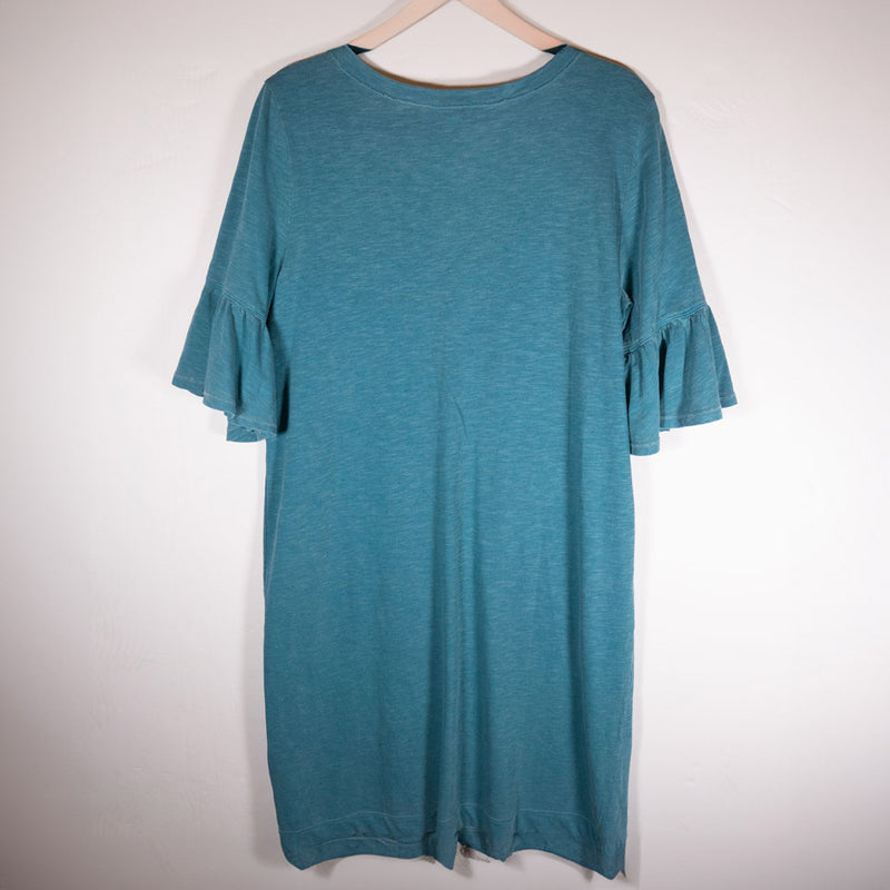 Splendid Pima Cotton Half Bell Sleeve Ruffle Pullover Mini Tee Shirt Dress Blue