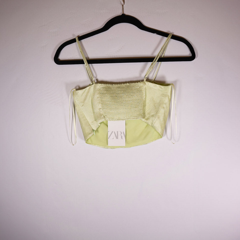 NEW Zara Satin Sateen Shine Corset Cropped Bodice Smocked Tank Top Green S