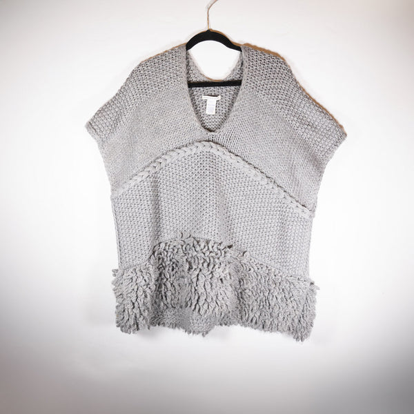 Rebeca Minkoff Chunky Braided Knit Stretch Frilly Pullover V Neck Sweater Gray