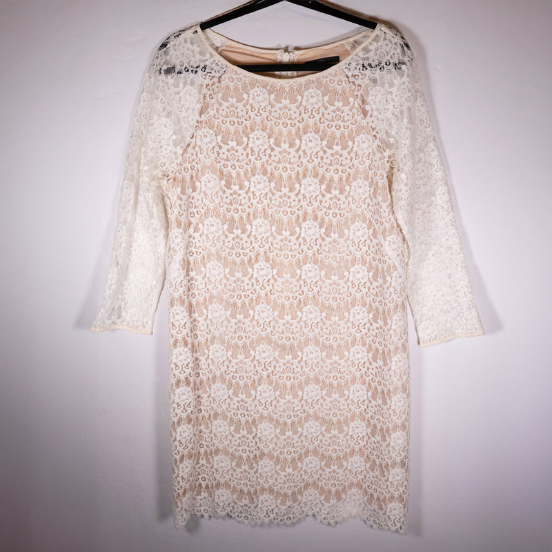 Tibi Allover Semi Sheer Lace Crochet Quarter Sleeve Mini Sheath Dress Ivory 12