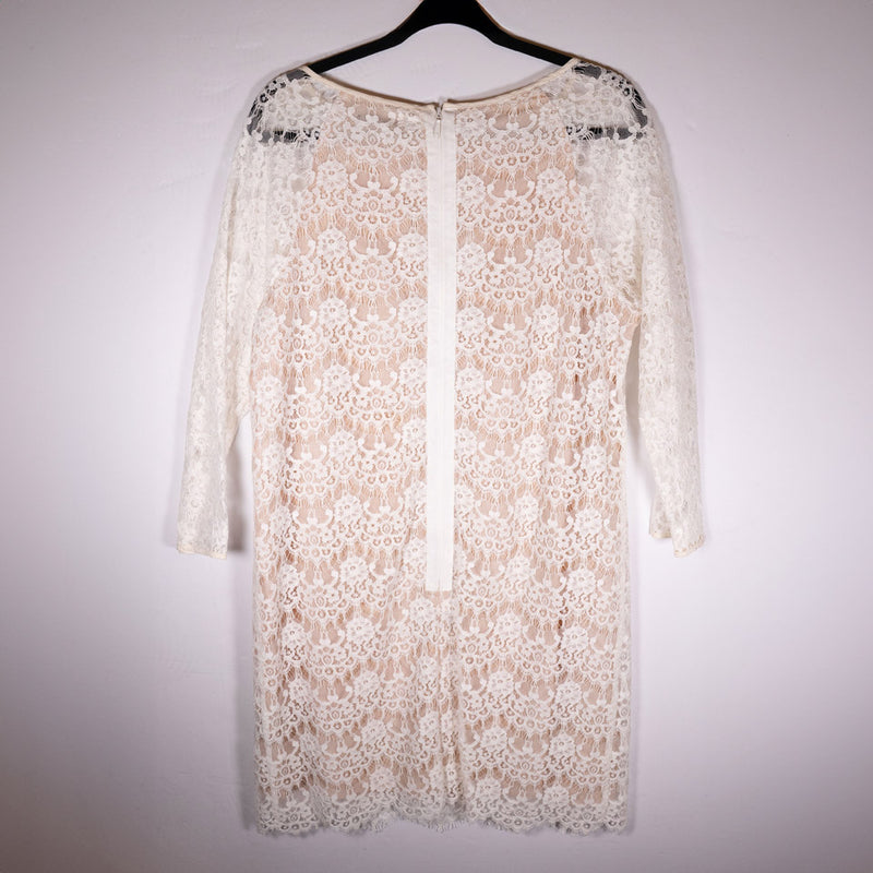 Tibi Allover Semi Sheer Lace Crochet Quarter Sleeve Mini Sheath Dress Ivory 12