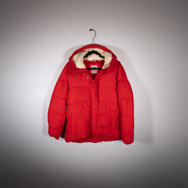 Abercrombie & Fitch Ultra Faux Shearling Hooded Quilted Puffer Jacket Coat Red