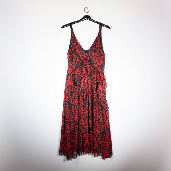 NEW Nasty Gal Cami Maxi Chiffon Dress With Ruffle In Red Black Jaquard 10
