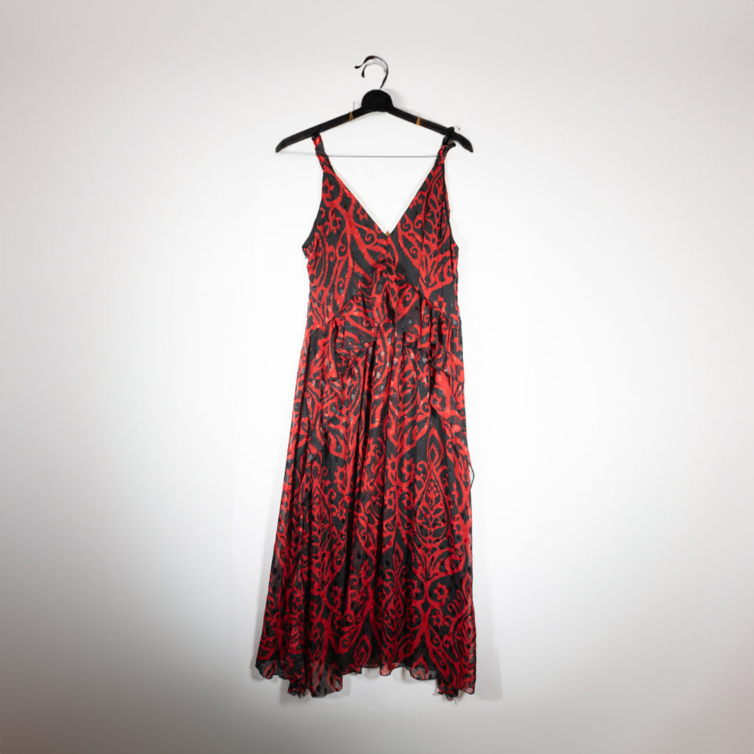 NEW Nasty Gal Cami Maxi Chiffon Dress With Ruffle In Red Black Jaquard 10