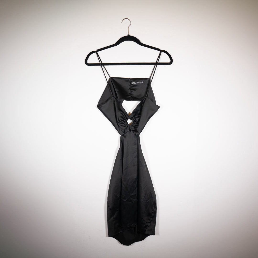 Zara Black Satin Circle Ring Cut Out Tank Backless Mini Cocktail Party Dress L