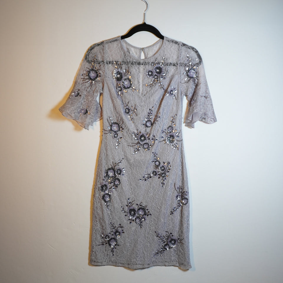 Aidan Mattox Lavender Allover Lace Floral Crystal Jewel Beaded Embellished Dress