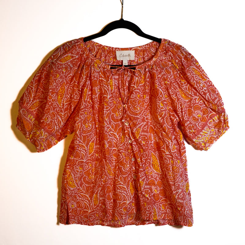 Cleobella Layla Organic Cotton Orange Blossom Block Print Boho Blouse Shirt Top