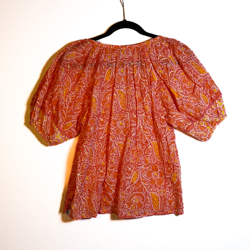 Cleobella Layla Organic Cotton Orange Blossom Block Print Boho Blouse Shirt Top