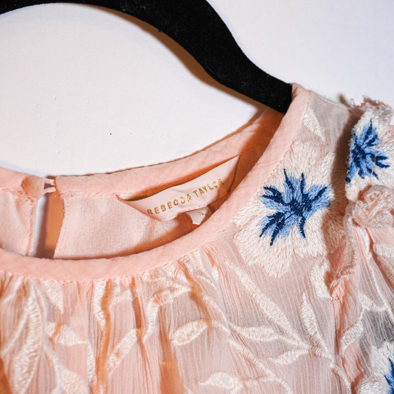 Rebecca Taylor Trellis Floral Flower Embroidered Silk Chiffon Peach Combo Blouse