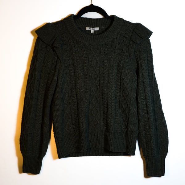 Madewell Hollydene Ruffle Shoulder Wool Cable Knit Pullover Sweater Green Small