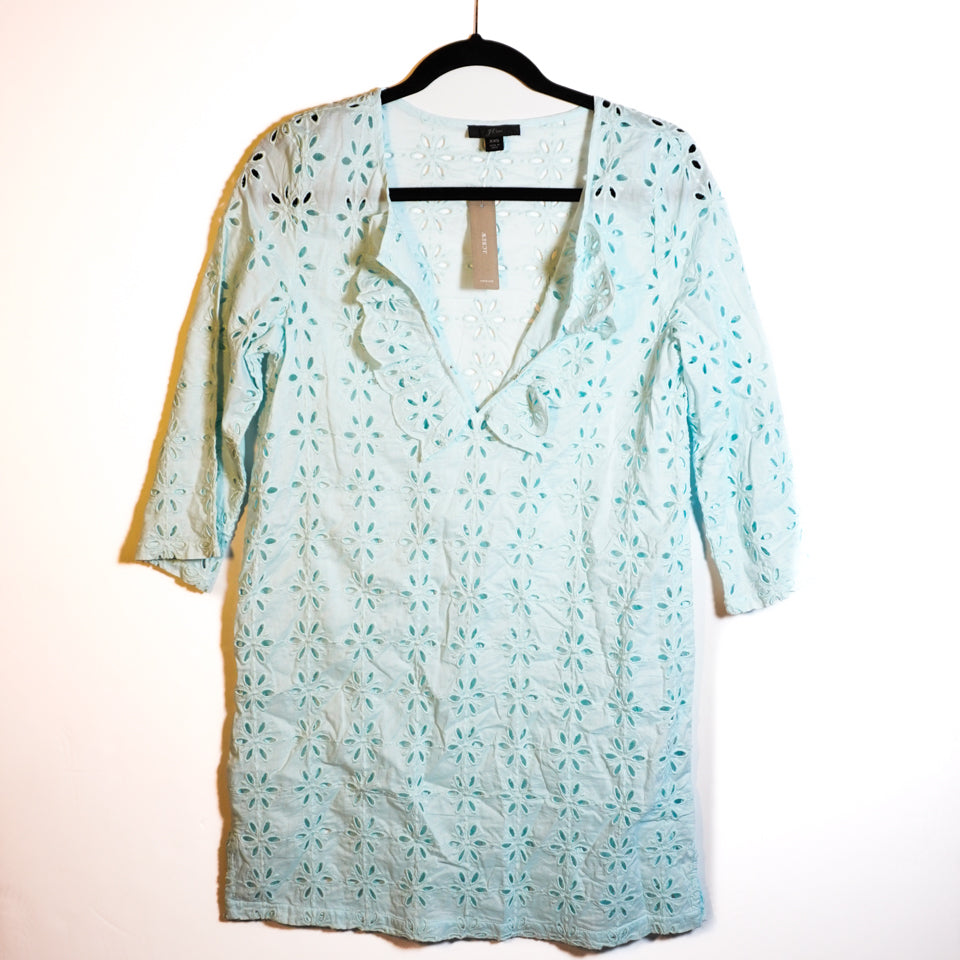 NEW J. Crew Ruffled Beach Tunic Pullover In Laser-Cut Cotton Eyelet Mini Dress
