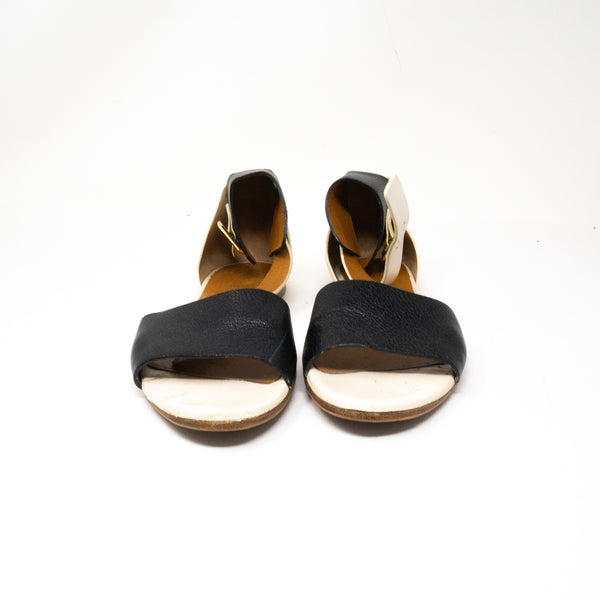 Chloe Genuine Leather Open Toe Ankle Strap Flat Sandals Shoes Black White 7.5