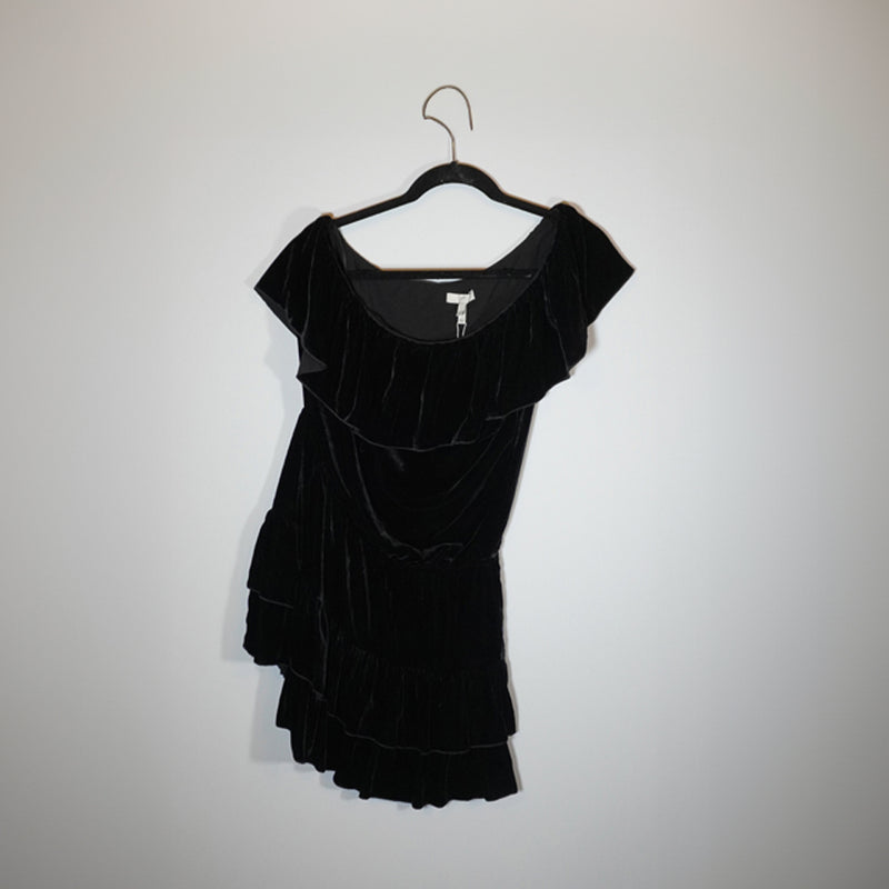 NEW Joie One Shoulder Velvet Velour Flirty Ruffle Mini Dress Caviar Black Large