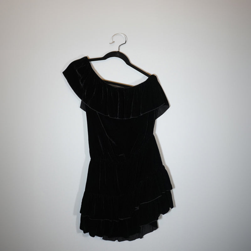 NEW Joie One Shoulder Velvet Velour Flirty Ruffle Mini Dress Caviar Black Large