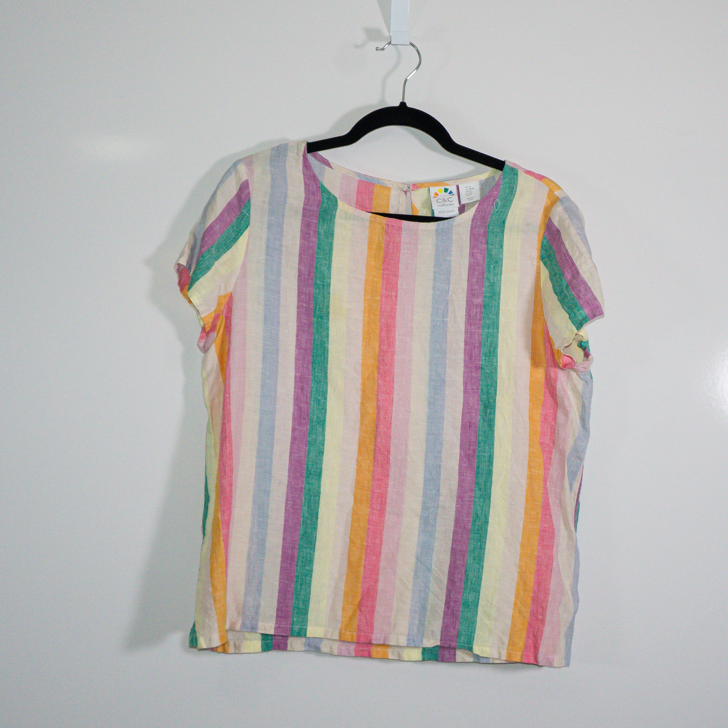 C&C California Linen Lightweight Rainbow Stripe Multi Print Pattern Blouse Shirt