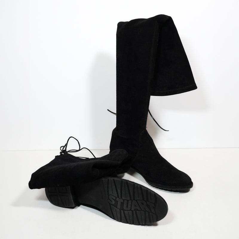 Stuart Weitzman Lowland Bold Genuine Suede Flat Over The Knee Boots Shoes Black