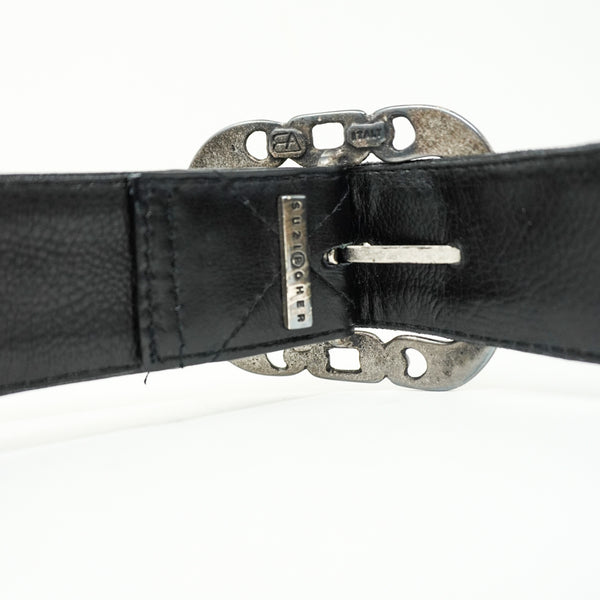 Suzi Roher Genuine Leather Quilted Woven Chain Link Detail Buckle Belt Black LG