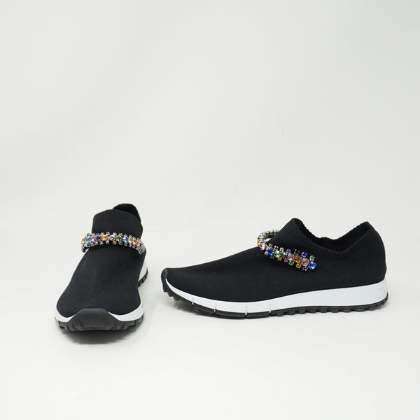 Jimmy Choo Verona Black Knit Low Top Crystal Jewel Slip On Sneakers Shoes 7.5