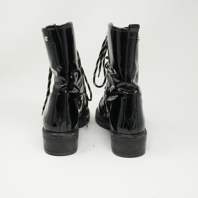 Stuart Weitzman Soho Patent Leather Lace Up Lug Sole Ankle Combat Booties Shoes