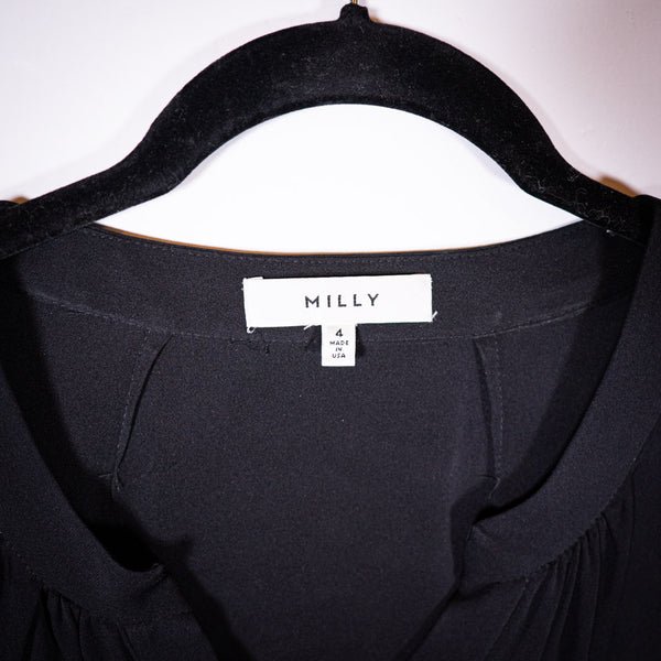 Milly Silk Stretch Satin V Neck Ruffle Long Sleeve Pullover Blouse Tunic Black 4