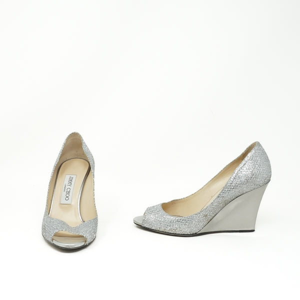 Jimmy Choo Baxen Silver Glitter Metallic Sparkle Peep Toe Wedge High Heels Shoes