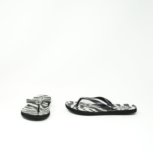 Tory Burch Zebra Animal Print Pattern Rubber Logo Emblem Flip Flop Sandals Shoes