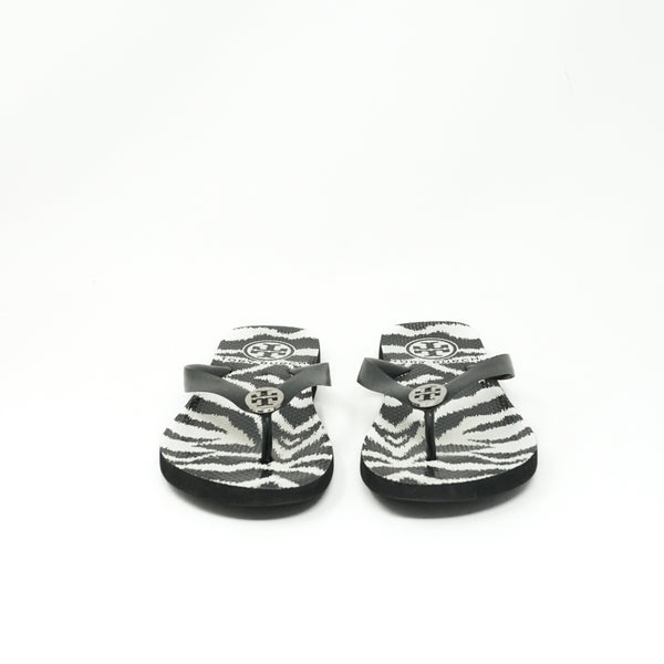 Tory Burch Zebra Animal Print Pattern Rubber Logo Emblem Flip Flop Sandals Shoes