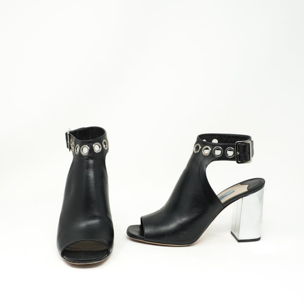 Prada Genuine Leather Grommet Embellished Ankle Strap Open Toe Heels Shoes Black