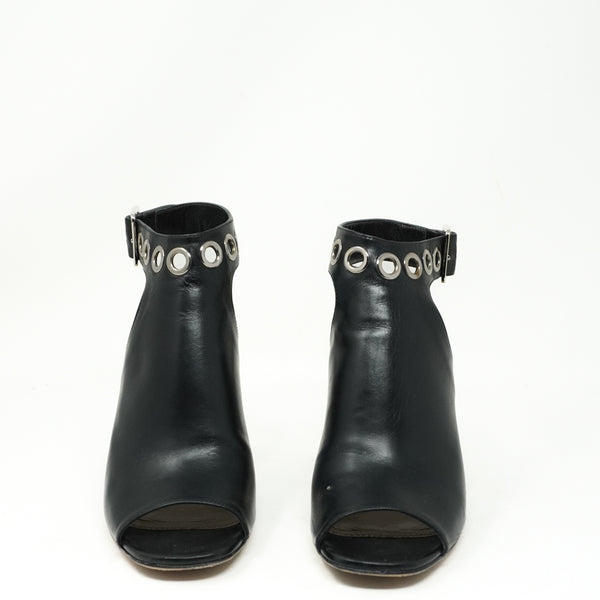 Prada Genuine Leather Grommet Embellished Ankle Strap Open Toe Heels Shoes Black