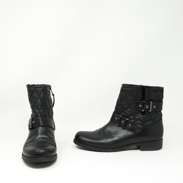 Stuart Weitzman Easy On Genuine Leather Quilted Buckle Ankle Moto Combat Booties