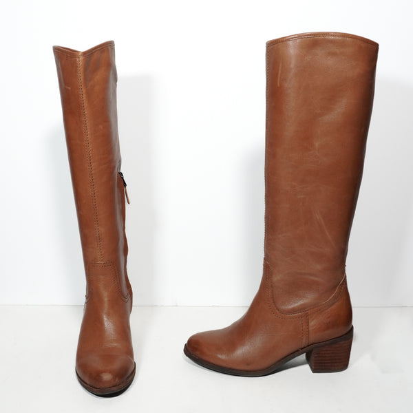 Sam Edelman Loren Saddle Leather Block Heel Riding Boots Shoes Brown 5.5