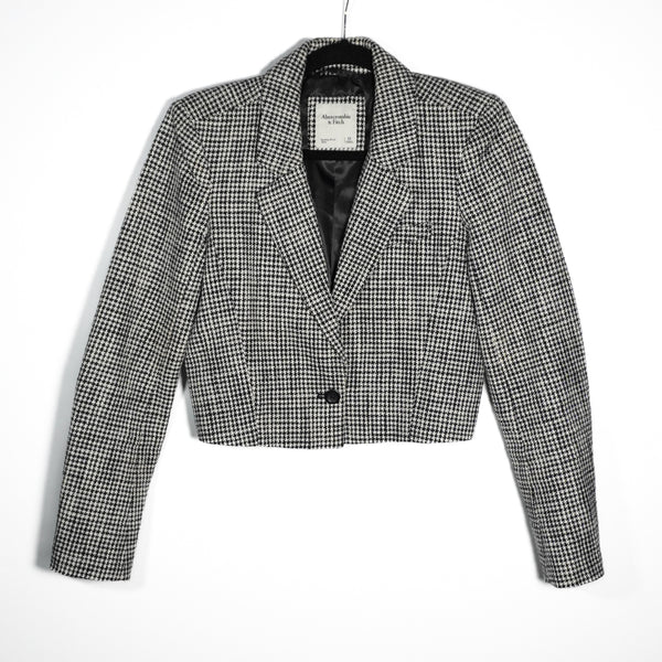 Abercrombie &amp; Fitch Black White Houndstooth Woven Print Cropped Blazer Jacket XS