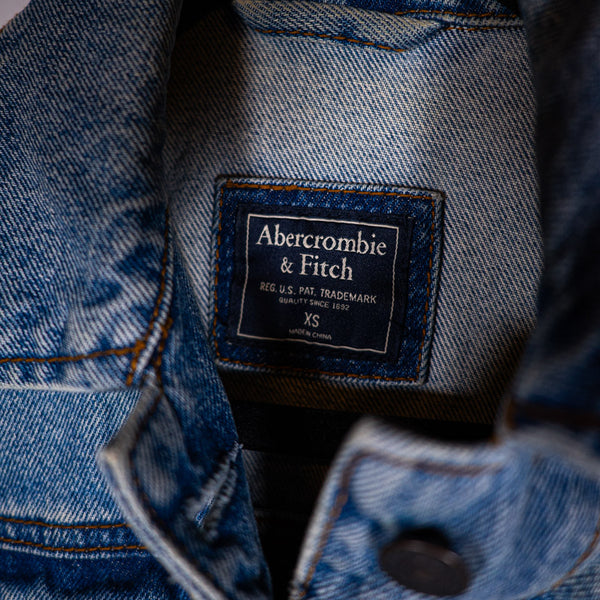 Abercrombie & Fitch Cotton Stretch Denim Jean Button Front Collared Jacket Blue