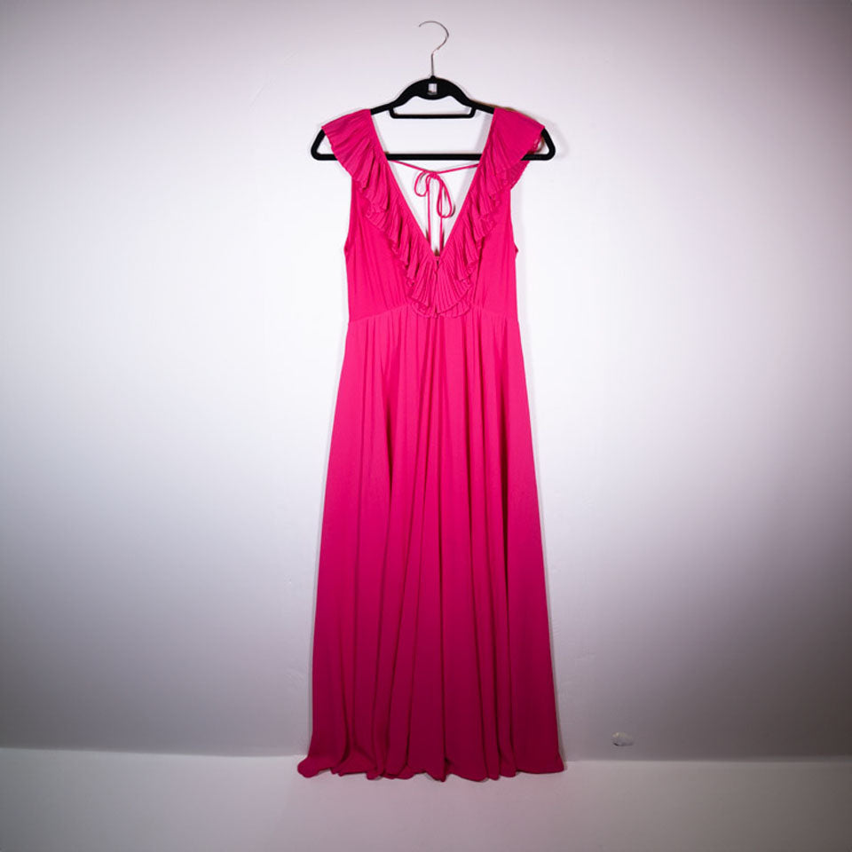 Zara Chiffon Semi Sheer Overlay V Neck Accordion Pleated Ruffle Long Maxi Dress 