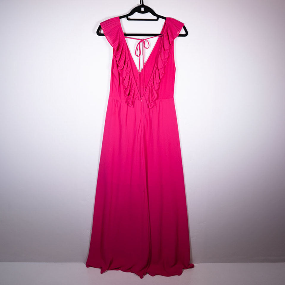 Zara Chiffon Semi Sheer Overlay V Neck Accordion Pleated Ruffle Long Maxi Dress 