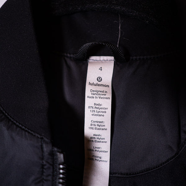 Lululemon Women's Trace Back Bomber Satin Water Resistant Full Zip Jacket Black