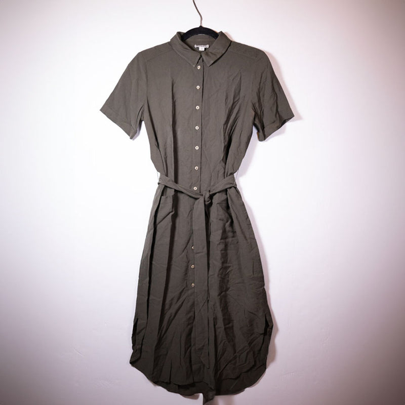 Whistles Button Front Collared Short Sleeve Belted Shirt Dress Green 6