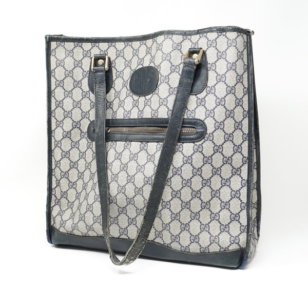 Gucci Vintage GG Web Logo Genuine Leather Oversize Shoulder Tote Purse Bag Blue