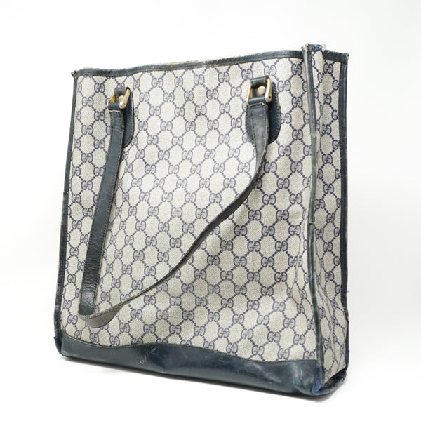 Gucci Vintage GG Web Logo Genuine Leather Oversize Shoulder Tote Purse Bag Blue
