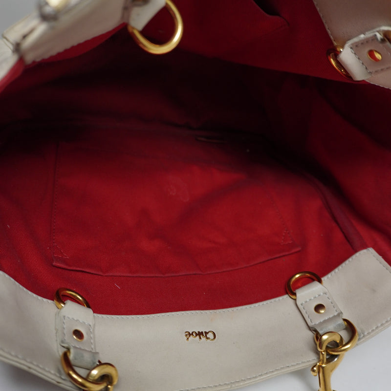 Chloe Eden Genuine Leather Logo Embossed Shoulder Purse Bag Tote Tassel Neutral