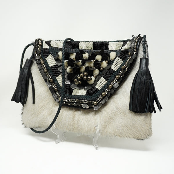ibBan Genuine Calf Hair Fur Leather Trim Beaded Embellished Crossbody Purse Bag