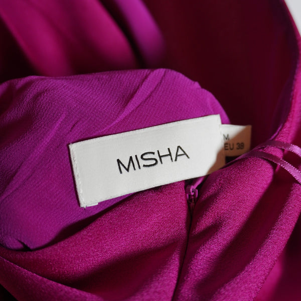 MISHA Robbia Satin Semi Backless High Neck Slit Midi Cocktail Dress Fuchsia M