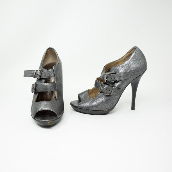 MICHAEL Michael Kors Genuine Leather Silver Metallic Buckle Peep Toe High Heels