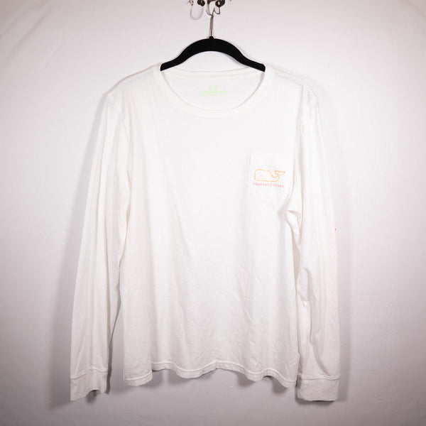 Vineyard Vines Women's Cotton Graphic Pocket Logo Long Sleeve Tee Shirt White L