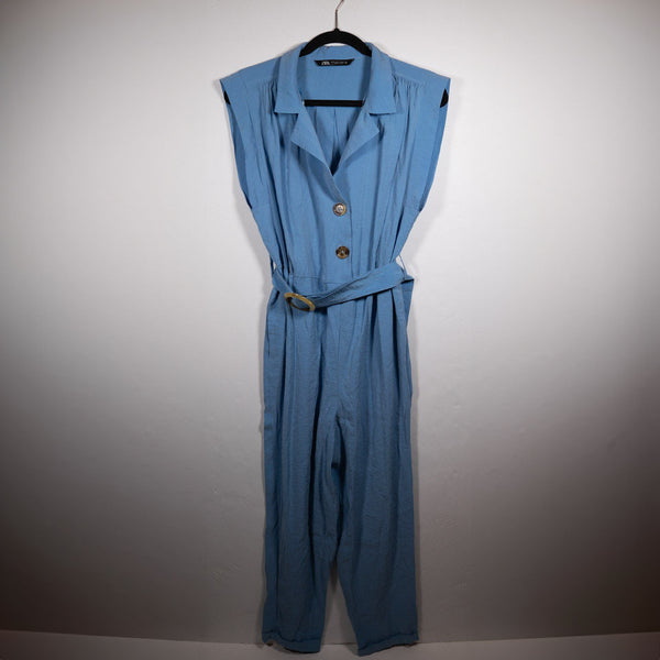 Zara Cupro Sleeveless Collared Button Front Belted Full Length Jumpsuit Blue S