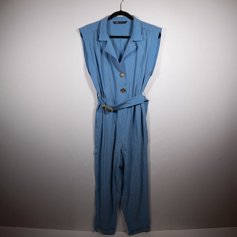 Zara Cupro Sleeveless Collared Button Front Belted Full Length Jumpsuit Blue S