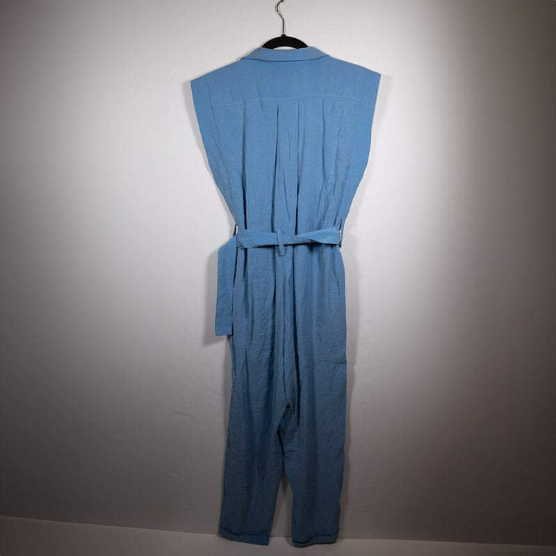 Zara Cupro Sleeveless Collared Button Front Belted Full Length Jumpsuit Blue S